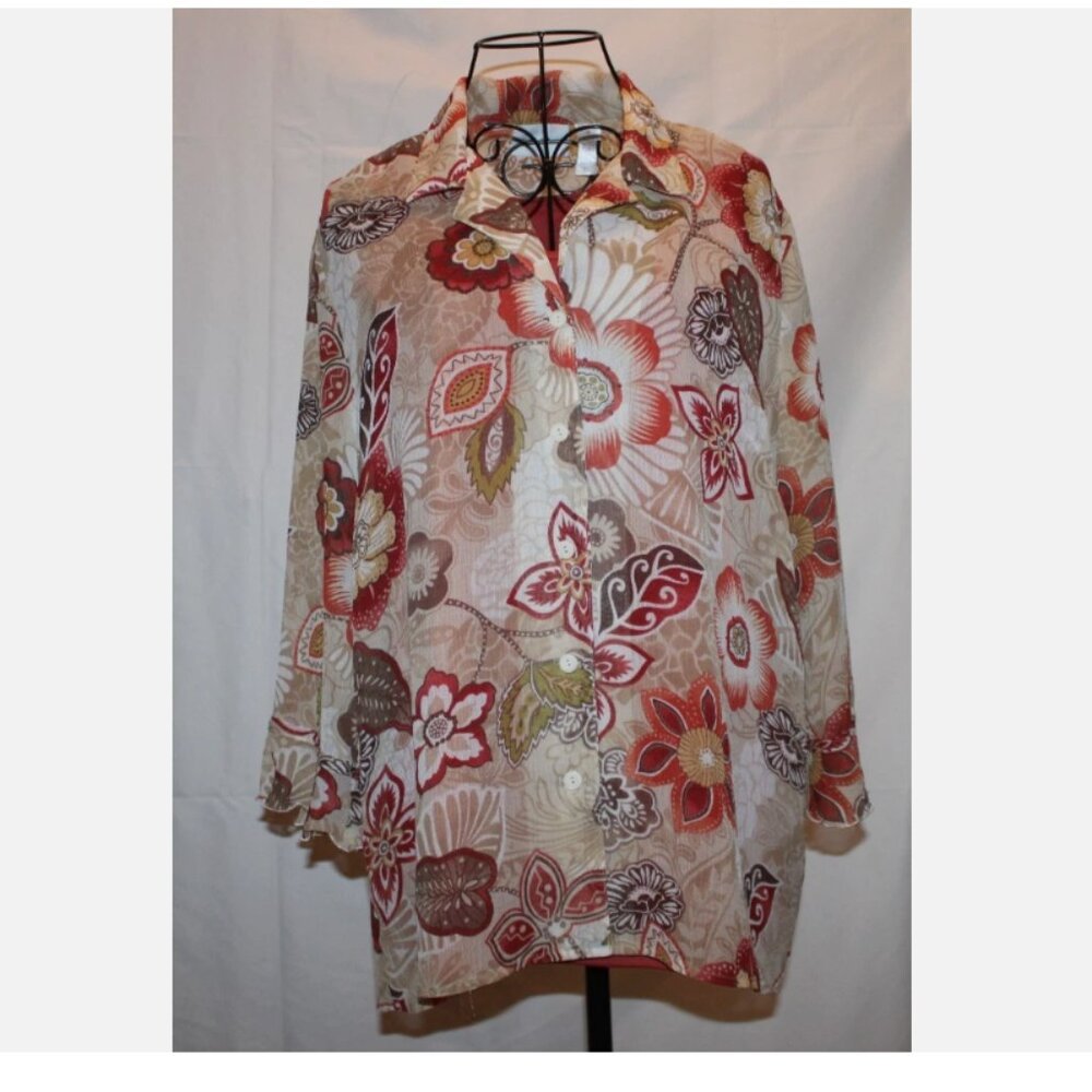Alfred Dunner Floral Lined Blouse Sz 12 Button Front Shirt White Brown Top